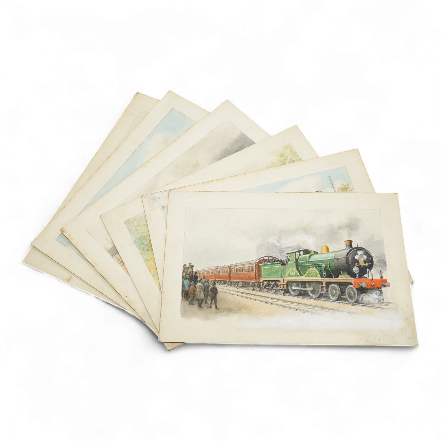 Charles Thomas Howard (1865-1942), a set of six original watercolours for postcard designs, Steam Trains to include ‘A Royal Train, Eastern and Chatham Railway’, ‘Cornish Express, GWR’ and ‘Aberdeen and Glasgow Express,